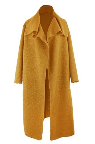 Image of TEXTURE Ladies Women Italian Lagenlook Plain Boucle Waterfall 2 Pocket Cocoon Long Coat Jacket One Size (UK, Alpha, One Size, Regular, Regular, Mustard)