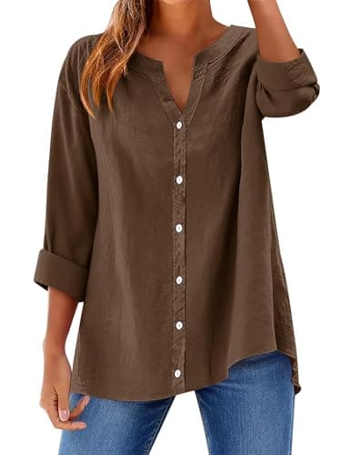 Image of Rapbin Womens Tops Long Sleeve Cotton Button Down Blouses Elegant Clothes Casual Work Office Ladies Loose Shirts Coffee XXL