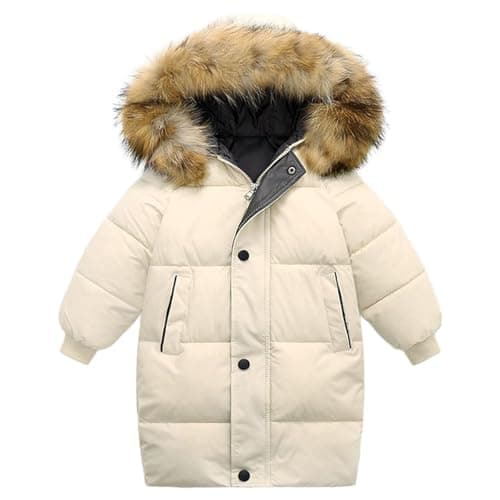 Image of Valcatch Boys Girls Winter Milky Beige Coat 3-4 Years, Kids Warm Quilted Puffer Down Jacket with Detachable Faux Fur Hood, Water Resistant Parka Jacket for Outdoor Skiing, Teenage Snowsuit Outerwear