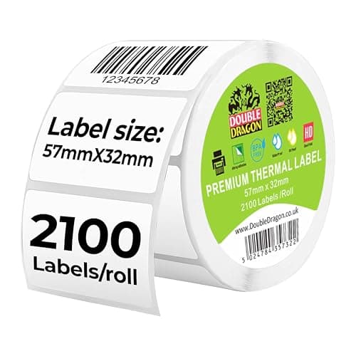 Image of Double Dragon, 57 mm x 32 mm 2100 Thermal Labels on roll for Direct Thermal Printers, Zebra, MUNBYN, Rollo, TSC, Toshiba, Citizen, Eltron and More.