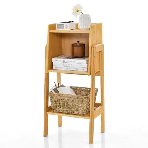 Image of COSTWAY 3/4-Tier Bamboo Bookshelf, Freestanding Storage Shelving Unit Bookcase Stand with Raised Edge Design, Narrow Display Rack Shelf for Living Room Bedroom Office (3-Tier: 37 x 27 x 80cm)