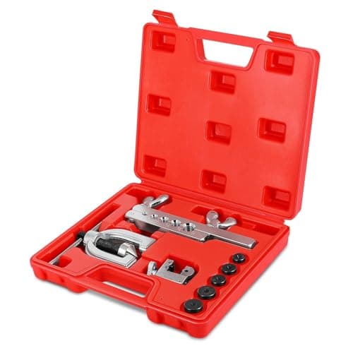 Image of Flexzion Brake Line Flaring Tool Kit with Tubing Cutter & Case, 45° Single & Double Flare Tool for Brake Lines, Copper, Aluminum, Brass, Magnesium & Soft Steel, 5 Adapters for 1/8"–5/8" Tubing