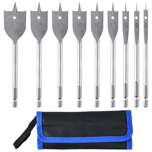 Image of 9Pcs Spade Drill Bit Set 6-32mm, Heavy Duty Flat Wood Drill Bits with 1/4" Quick Change Hex Shank, Carbon Steel Paddle Bit Kit with Storage Pouch for Wood Plastic Chipboard