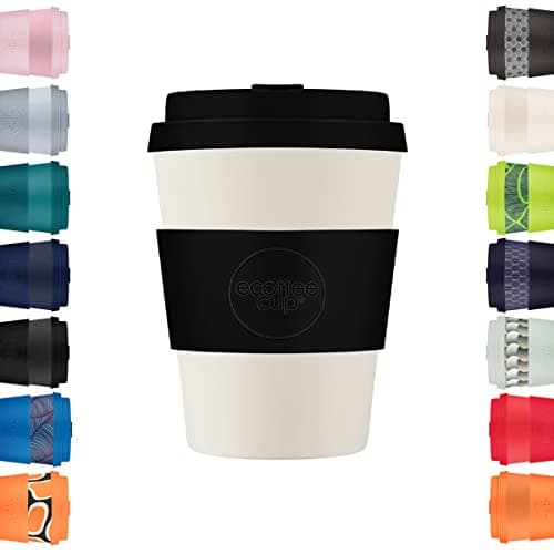 Image of Ecoffee Cup 12oz 350ml Reusable Eco-Friendly 100% Plant Based Coffee Cup with Silicone Lid & Sleeve - Melamine Free & Biodegradable Dishwasher/Microwave Safe Travel Mug, Black Nature