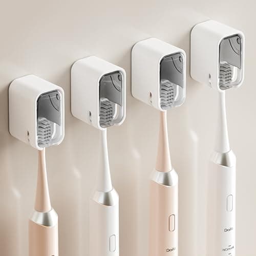 Image of Wall Mounted Toothbrush Holders for Bathroom,Strong Self Adhesive Tooth Brush Holder with Cover, Toothbrush Heads Organizer for Family, 4 Pcs Grey Toothbrush Holders