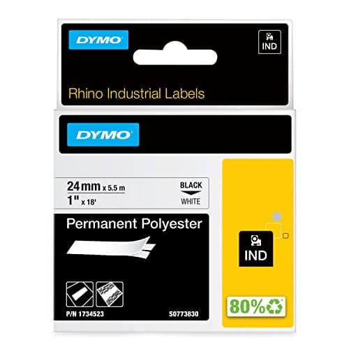 Image of DYMO Rhino Industrial Permanent Polyester Labels | 24 mm x 5.5 m | Black Print on White | Self-Adhesive | for LabelManager & Rhino Label Makers