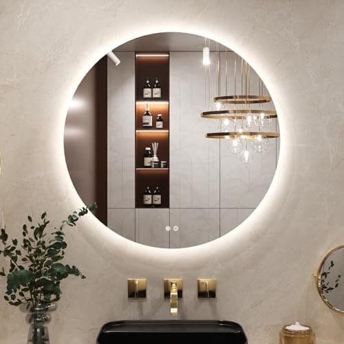 Image of Keonjinn Round Bathroom Mirror with LED Lights, 80cm Illuminated Light Up Bathroom Mirror with Backlit Light, Anti-Fog Wall Mounted Vanity Mirrors 3 Colors Dimmable, Memory Function