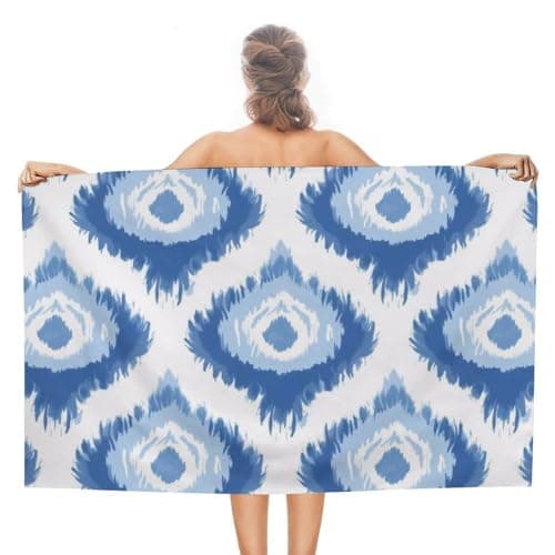 Image of KWQDOZF Abstract Geometric Ethnic Oriental Ikat Blue Beach Towels Pre-Washed Sand Free Absorbent Adult Bath Towel Novelty Blue Fresco Euro Sham Beach Blanket 31x51 Inch for Adults, Men, Women