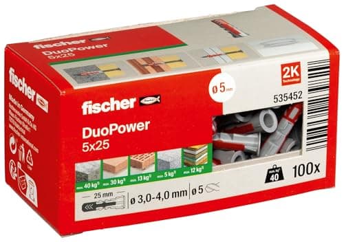 Image of Fischer 535452 DuoPower 5 x 25, Universal Plug with Intelligent 2-Component Technology for fastenings in Concrete, Bricks, Gypsum plasterboard, chipboard, etc., 100 Plugs Without Screws