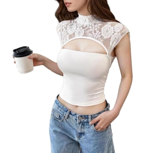 Image of EMOTTOS Women's Y2K Tank Top, Lace Patchwork Crop Tops Cut-Out Details, Sexy Sleeveless Slim Fit Half-High Neck Tube Vests Lightweight Stretch Fabric Casual Ladies Girls Summer Party, White, M