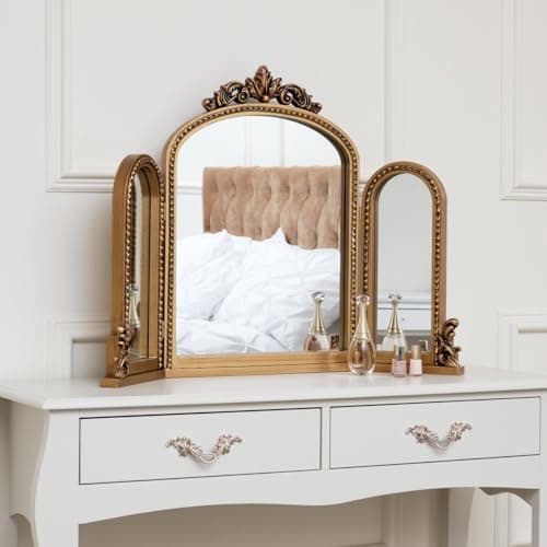 Image of Melody Maison Gold Ornate Arched Triple Dressing Table Mirror 80cm x 56cm