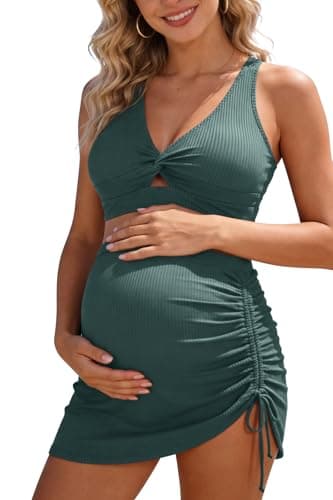 Image of SHEKINI High Waisted Maternity Two Piece Swimsuit Bikini Set Pregnancy Bathing SuitsTwist Front Swimsuit Mesh Swim Skirt Blue Green