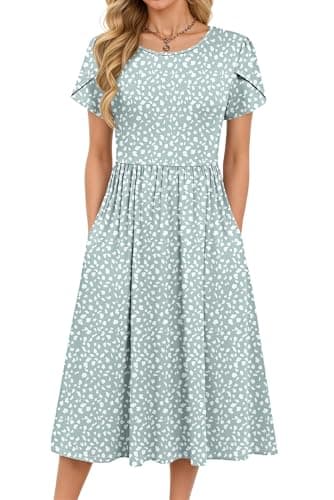 Image of MOLERANI Summer Dresses for Women UK - Round Neck Short Sleeve Elegant Tunic Dress Classic Midi Dress with Pockets Green Pattern XL