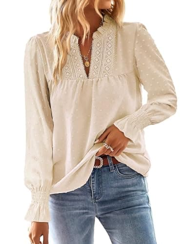 Image of TUUHAW Tops for Women UK Autumn Eyelet Boho Lace Blouse V Neck Flowy Ruffled Sleeves Hollow Out Design Boho Chic Tunic Top for Casual Summer Outfit Trendy Winter Spring Clothes Apricot L