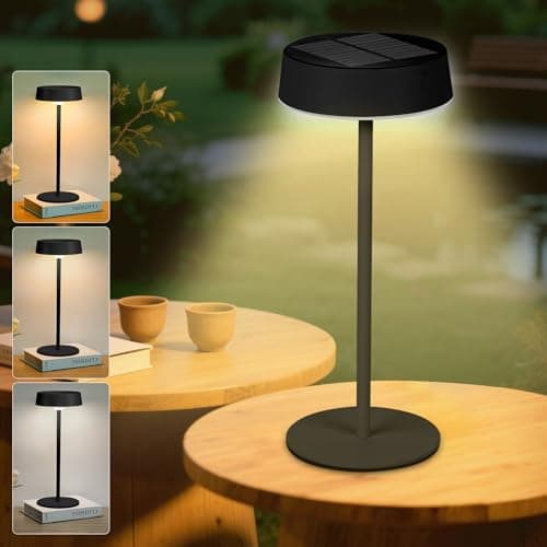 Image of HOTUT LED Solar Table Lamp, Indoor & Outdoor Table Lamp, IP65 Waterproof, Dimmable & 3 Color Temps, USB Rechargeable Cordless Desk Light for Patio, Garden, Camping, Bedroom, Living Room