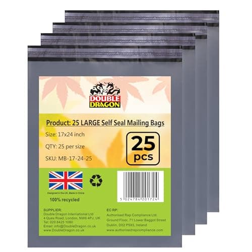 Image of Double Dragon 17 x 24 Large Self-Seal Grey Mailer Bags | Tamper-Proof, Sturdy & Durable | Extra Strong Polythene Mail Envelopes for Packaging Clothes Parcel Storage Bags (Pack of 25)