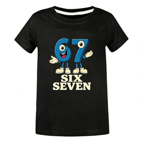 Image of SharkBebe Boys' Short Sleeve T-Shirt Meme with Cartoon Number 67 Six Seven Cotton Graphic Sports Top Tee Ages 4-13 Years (UK, Age, 5 Years, 6 Years, Regular, Black)