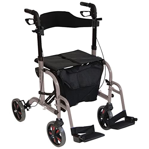Image of Deluxe 2-in-1 Rollator and Transit Chair - Dual Function Walker - Grey - Aluminium Framework - Shopping Bag with Strap - Ergonomic Handles - Loop Breaks