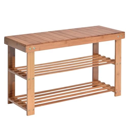 Image of Hododou Shoe Rack 2 Tier Shoe Storage Bench Wooden Shoe Rack with Seat for Hallway Entryway Living Room Bedroom, 70 x 27 x 42cm, Natural Bamboo, Max Load Capacity up to 100KG