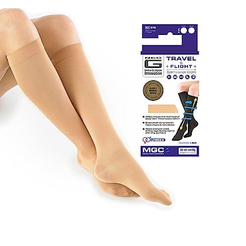Image of Neo-G Travel Flight Socks for Women and Men - Graduated Compression - For Flying, Mild Varicose Veins, Long Haul Flights, Improving Circulation, Tired, Aching Legs - Class 1 Medical Device - Beige - M