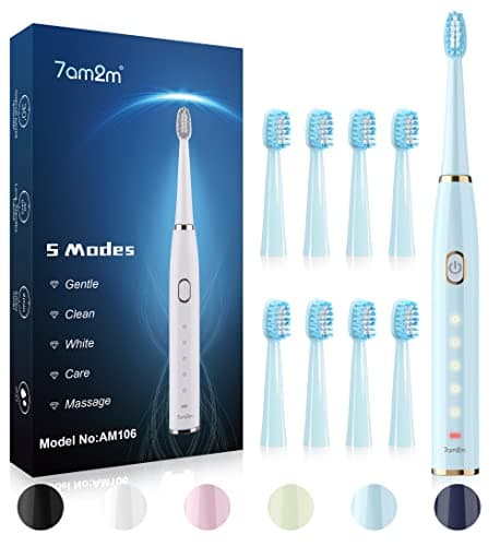Image of 7AM2M Sonic Electric Toothbrush for Adults and Kids- High Power Rechargeable Toothbrushes with 8 Brush Heads,5 Adjustable Modes, Built-in 2-Minute Smart Timer,4 Hours Fast Charge for 75 Days(Blue)