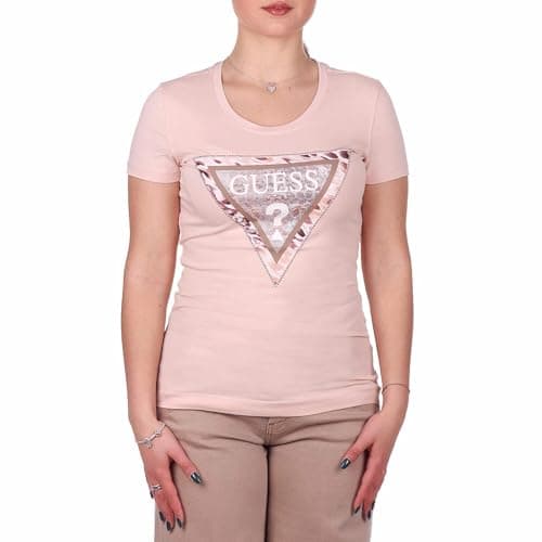 Image of GUESS Women's Eco Short Sleeve Cheeta Logo Triangle Tee, Dimrose, XS