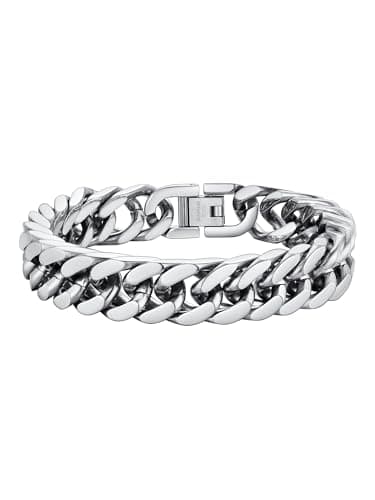 Image of PROSTEEL Mens Bracelet Chain Stainless Steel Cuban Link Silver Bracelets Chunky Heavy Jewellery for Boys Teen 12mm 21cm