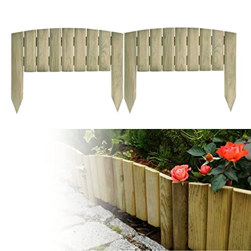 Image of Wooden Log Panel Roll Garden Border Edging Fence Lawen Pressure Treated Fixed Picket Flower Fencing 15cm High Lawn Edging (set of 8 - length 320 cm (10 ft))
