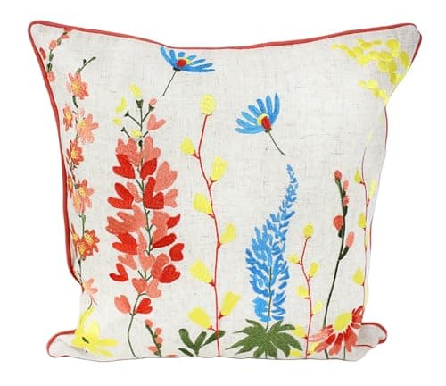 Image of Peggy Wilkins Sunburst Meadow Floral Embroidered Cushion Meadow Flower Design – 45 x 45cm Polyester Linen Blend Decorative Throw Pillow with Zip Cover
