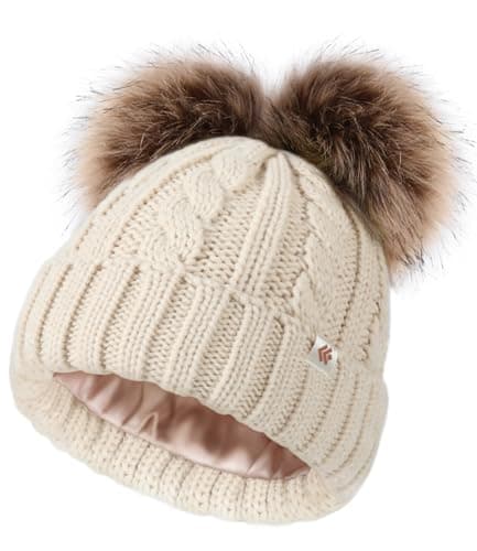 Image of Creekstone Bobble Hat Satin Lined Winter Beanie Hats for Women Girls Warm Knit Hats with Faux Fur Double Pom Pom Ears (UK, Alpha, One Size, Beige)
