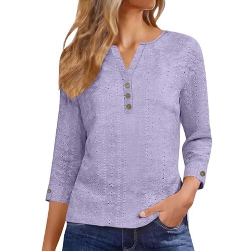 Image of V Neck T-Shirts for Women UK 3/4 Sleeve Cotton Tops Elegant Blouse Summer Casual Pullover Daily Comfy Tees Loose Fit Boho Tshirt for Work Office Going Out Purple