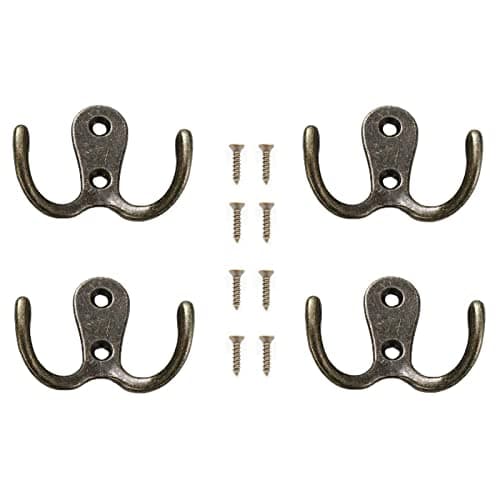 Image of Yesmin 4 Pcs Double Prong Robe Hooks, Dual Coat Hooks Wall Mounted Hanging Clothes for Bathroom Bedroom Door Wall Retro Metal Cloth Hanger Double Coat Hooks with 8 Screws (Vintage)