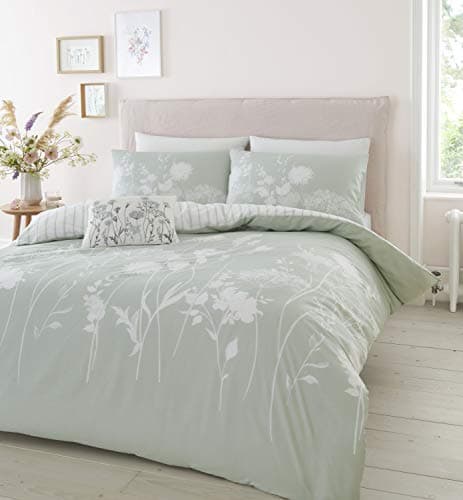Image of Catherine Lansfield Meadowsweet Floral Reversible Double Duvet Cover Set with Pillowcases Green