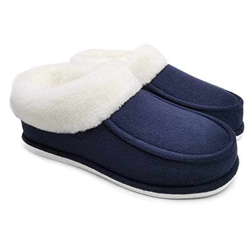 Image of ofoot Womens Faux Suede Moccasin Slippers, Warm Plush Lined House Shoes with Comfortable Fluffy Fur, Cosy Indoor Slip On for Winter (Navy Blue, 5.5/6.5 UK)