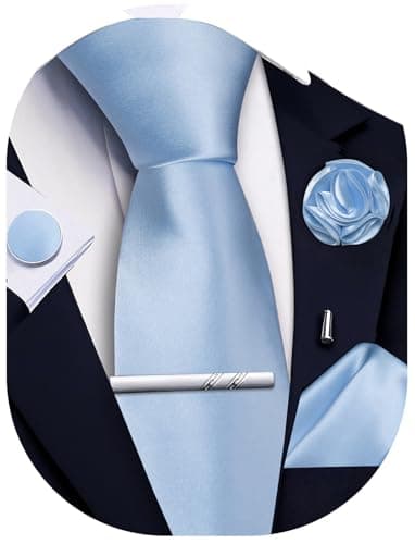 Image of Ailisus Baby Blue Tie and Pocket Square Set Solid Necktie Cufflinks Tie Clip Lapel Pin for Men Wedding Business 5PCS