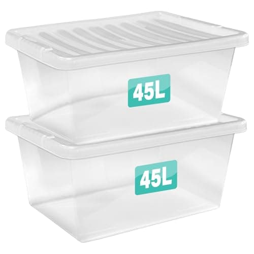 Image of 2 x 45 Litre Clear Plastic Storage Boxes With Lids Set of 2, Transparent Multipurpose Nestable Stackable Plastic Box With Lid Containers For Home, Kitchen, Garage, Office, Accessories