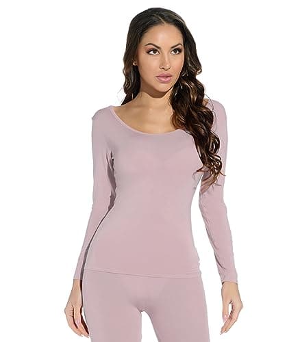 Image of Mcilia Women's Ultrathin Modal Round Neck Long Sleeve Thermal Top/Shirt Skin Pink Large (UK Size 16 18)