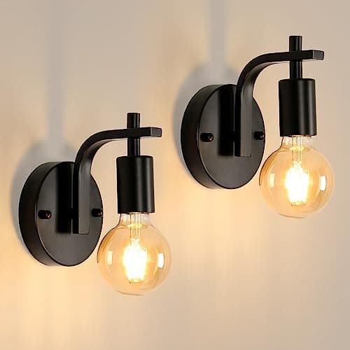 Image of DELIPOP 2 Pack Black Wall Lights, Indoor Wall Lamps Vintage E27, Wall Sconce Lights Metal for Bedroom Living Room Kitchen Hallway Restaurant Bar (Bulb Not Included)