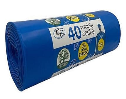 Image of 40 TidyZ Heavy-Duty Rubble Sacks. Made from 100% Recycled Plastic. Extra Strong and Thick Builders Bags. For DIY Construction, Building Site Debris, Garden Waste. 32L Blue Waste Bags
