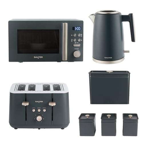 Image of Salter Marino 4-Piece Kitchen Set - 1.7L Fast Boil Kettle, 4 Slice Toaster, 20L Digital Microwave & Bread Bin with 3 Storage Canisters, Blue Grey Countertop Set