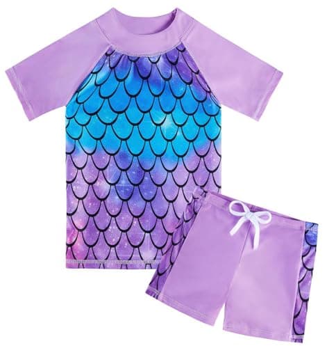 Image of Fanient Girls Two Pieces Swimming Suit 50+UV Sun Protection Swimsuit Costume Kids Purple Mermaid Printed Bathing Suit Surfing 9-10 Years