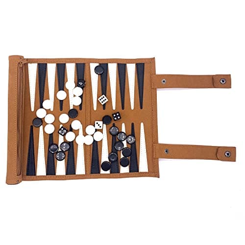 Image of Travel Backgammon Set - Genuine Leather Backgammon Sets - Roll-Up Travel Backgammon Game -Tactical Board Game Ideas (Brown)