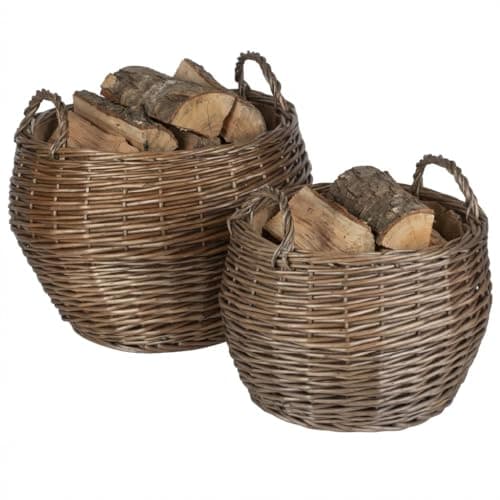 Image of Wicker Log Basket Set of 2 Rustic Style Lined Log Store Baskets with Handles Rounded Living Room Hearthside Storage Accessory Log Storage Kindling Basket Firewood Rack