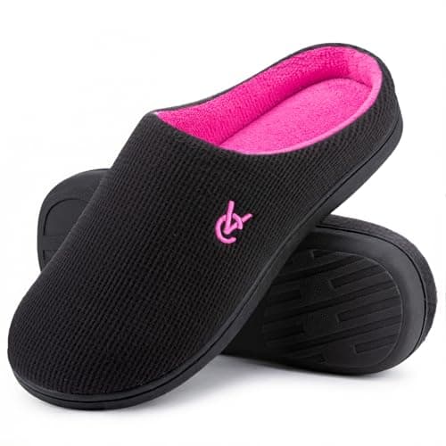 Image of VeraCosy Women's Two-Tone Slippers Soft Comfy Knit Memory Foam Non-slip Indoor House Shoes Fuchsia Black, 9-10 UK