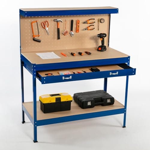 Image of SwitZer New Blue Steel Garage Tool Box Toolbox Work Bench Workbench Storage With Drawers Pegboard and 20 Pegs Shelf DIY Workshop Station