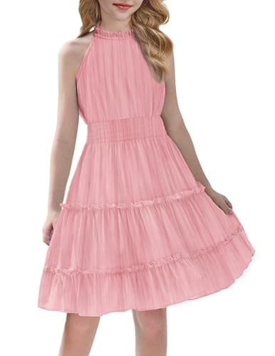 Image of Arshiner Girls Sleeveless Dress Chiffon Elegant Party Dresses Kids Round Neck Waist Casual Dresses Children Festive Solid Color Birthday Dress Pink 12-13 Years