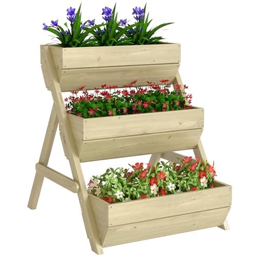 Image of Outsunny 3 Tier 66L Raised Garden Bed Wooden Elevated Planter Box Kit for Flower, Vegetable, Herb, 65 x 75 x 76cm, Green