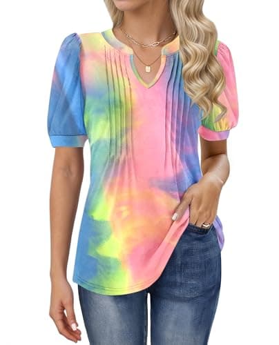 Image of MOLERANI T Shirts for Women - V Neck Tops Loose Casual Puff Short Sleeve T-Shirt Front Pleated Blouse Rainbow L