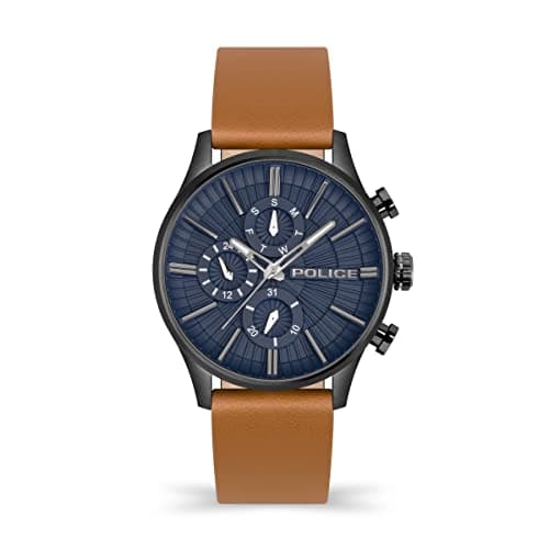 Image of Police Barter Mens Multifunction Watch with Blue Dial and Tan Leather Strap, 44mm Stainless Steel Case in Branded Watch Box PEWJF2195003 – 2 Year Warranty