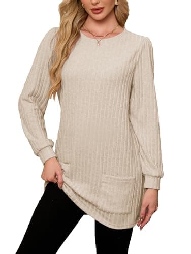 Image of Famulily Women Long Sleeve Tops Crew Neck Lightweight Jumpers Ladies Self Stripe Tunic to Wear with Leggings Beige XL